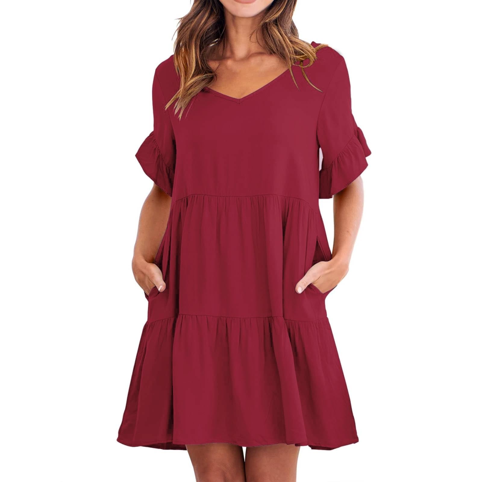 Vestido de verano para mujer, cuello en V, capas con volantes, con bolsillos, línea A, vestido de playa con manga corta