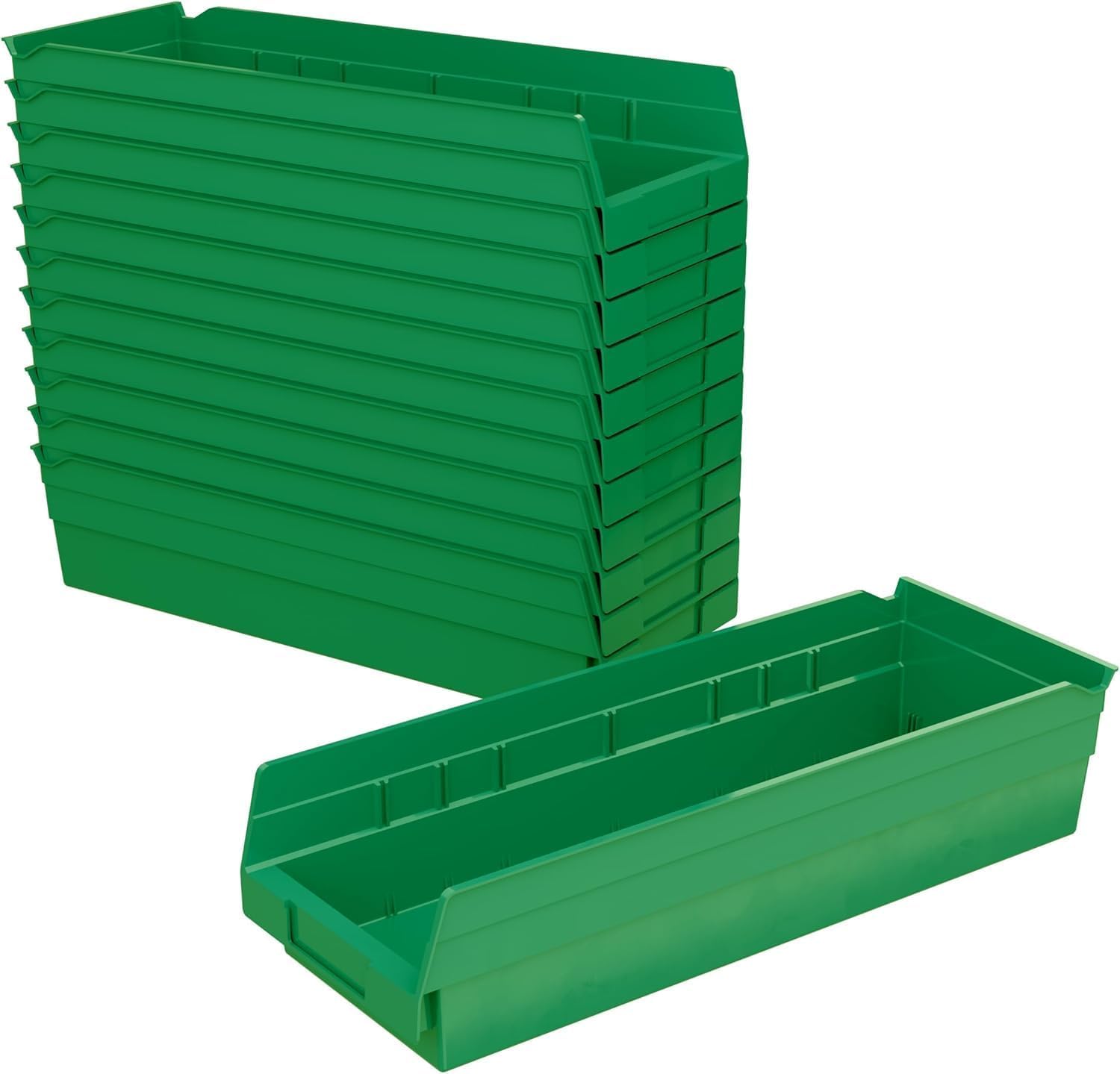 Akro-Mils 30138 Plastic Shelf Bins, Heavy Duty Storage Bins for Garage, Closet, and Drawer Organization, 18-Inch x 6-1/2-Inch x 4-Inch, Green, 12-Pack