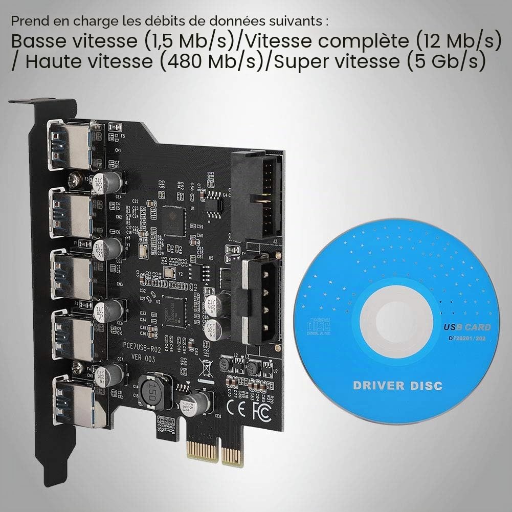 Diyeeni Carte PCI-E vers USB 3.0 PCI Express à 5 Ports, Carte PCI-E USB 3.0 Express avec connecteur Interne à 19 Broches, Prise en Charge de la Carte d'extension PCI Express UASP