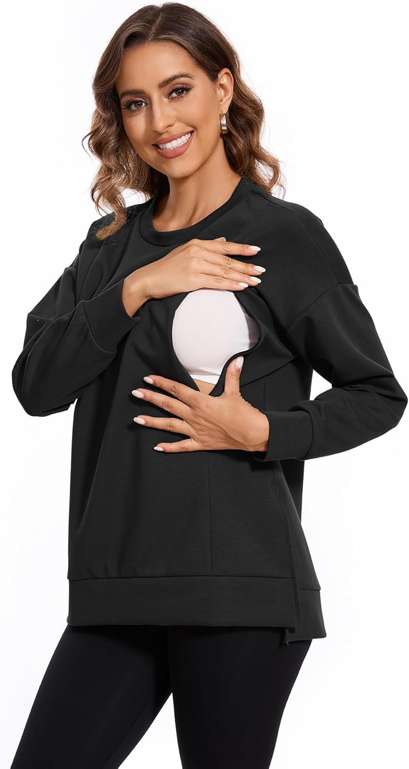Smallshow Women's Nursing Tops Sweatshirt Long Sleeve Side Split Breastfeeding Shirt - Image 2
