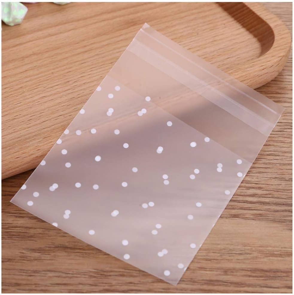 SUMAJU 100 Pcs Cookie Bags, 4" x 4"Self Adhesive Candy Bags Cellophane Treat Bags White Polka Dot Sealing Packaging Bags OPP Plastic Pastry Bag for Bakery Candy Cookie Chocolate