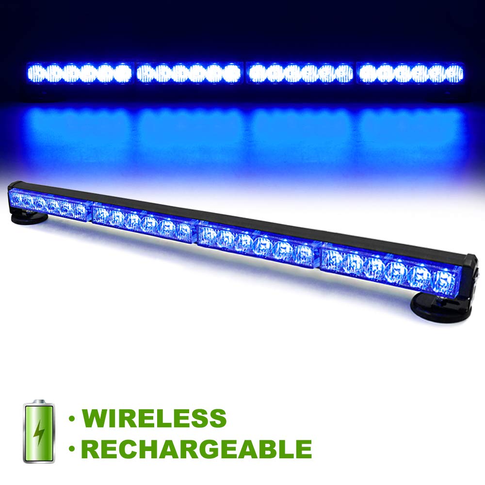 FOXCID 24 LED Emergency Hazard Warning Strobe Flashing Light Bar Wireless Battery W/Magnetic Base and Rechargeable Plug for Beacon Rooftop Safety Vehicles Tow Trucks Tractor Snowplow, Blue