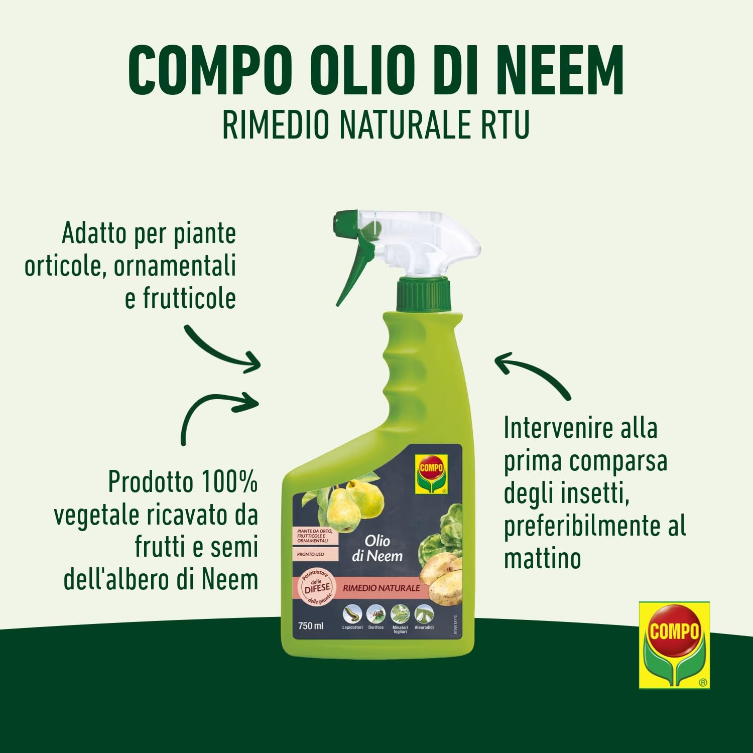 COMPO Olio di Neem 100% Naturale, Potenziatore Difese Piante contro Insetti, 750 ml