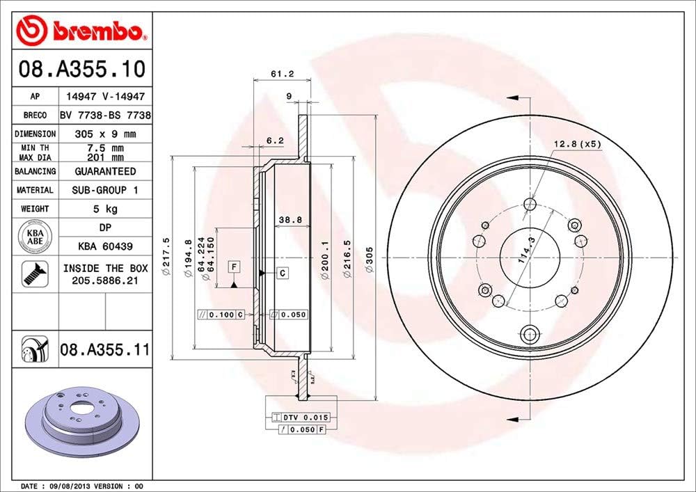 Brembo 08.A355.11 UV Coated solid Rear Brake Rotor ACURA/HONDA/HONDA (DONGFENG) OE# 42510SCAE50