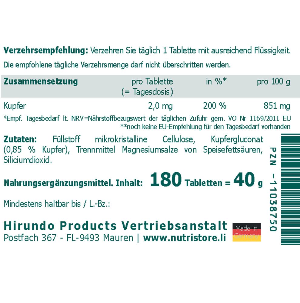 Kupfer 2 mg vegane Tabletten 180 Stk. - Für das Nervensystem - 6 Monatsvorrat