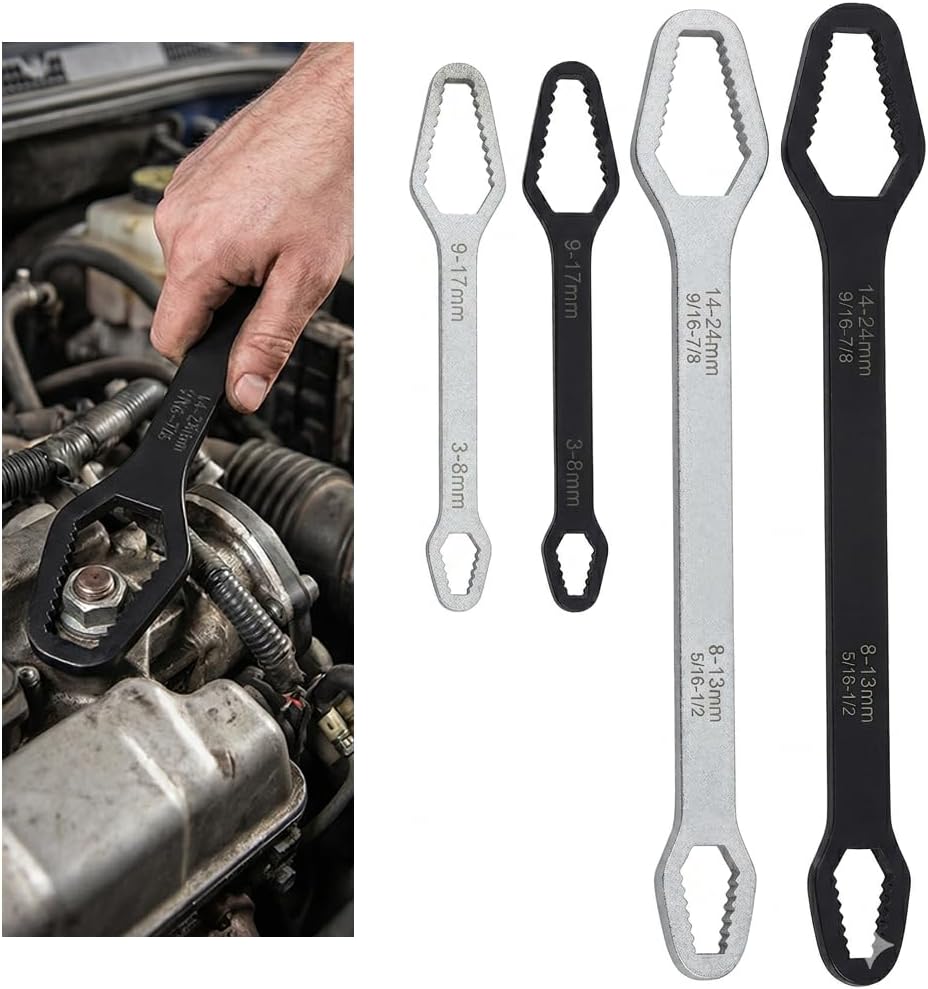 Universal Adjustable Double Ended Wrench 4 Pack, 8-24mm &3-17mm Self-Tightening, Mini Self Adjusting Wrench Alloy Steel Fits All, DIY Machine Auto Maintenance Tool for Home Car Outdoor