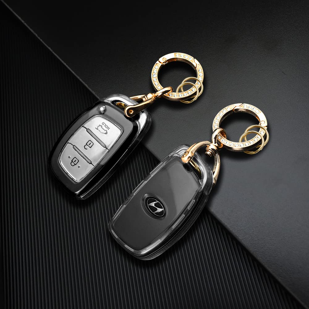 Keyzone Clear TPU Key Cover Compatible for Creta, I20, Venue, Elantra, Tucson, N Line Elite, Grand I10, Active, Aura, Verna 4s, Xcent, Alcazar 3b/4b Smart Key (With Gold Diamond Keychain)
