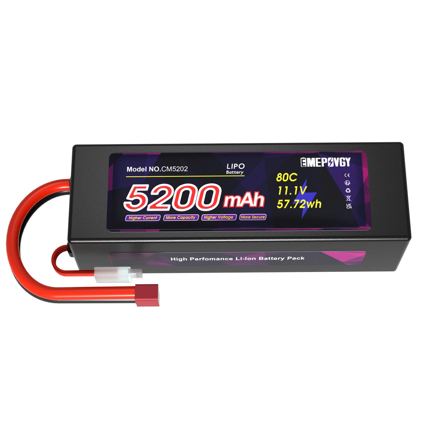 EMEPOVGY 11.1V Lipo Battery 3S 5200mAh 80C Lipos Hard Case with T Connector for RC Car Trucks 1/8 1/10 RC Vehicles
