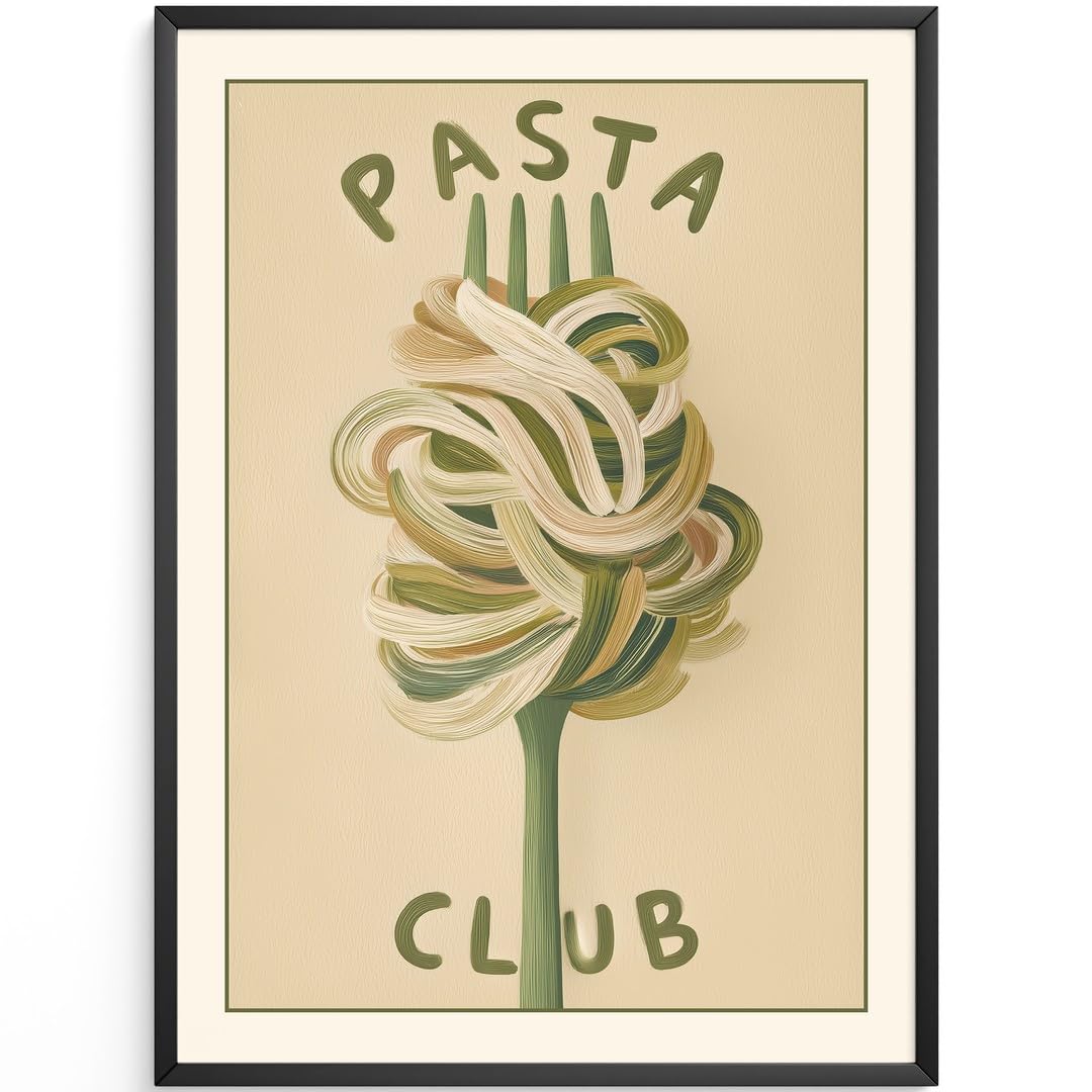 MJ-GRAPHICS® Kunstdruck Pasta Club Wandbild Illustration Fork minimalistisch warm Beige Küche Deko Poster Kunst Esszimmer Bilder Wanddeko Grafik Design A2 mit beigem Rahmen