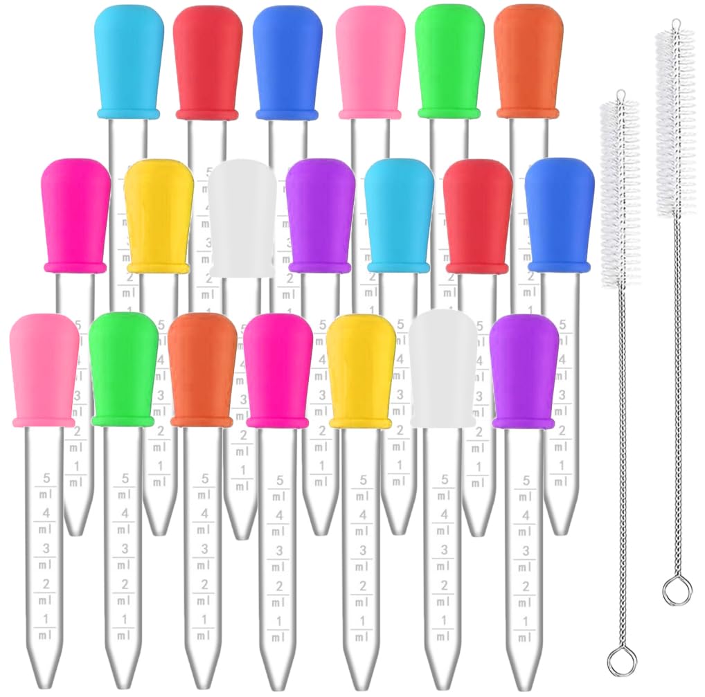 HiMo 20 Pack Liquid Pipettes Droppers Silicone 5ml Clear Medicine Eye Dropper for Kids with Bulb Tip &amp; Clean Brush for Candy Mold, Gummy Bear, Gelatin Maker, Oil Science, Crafts Projects