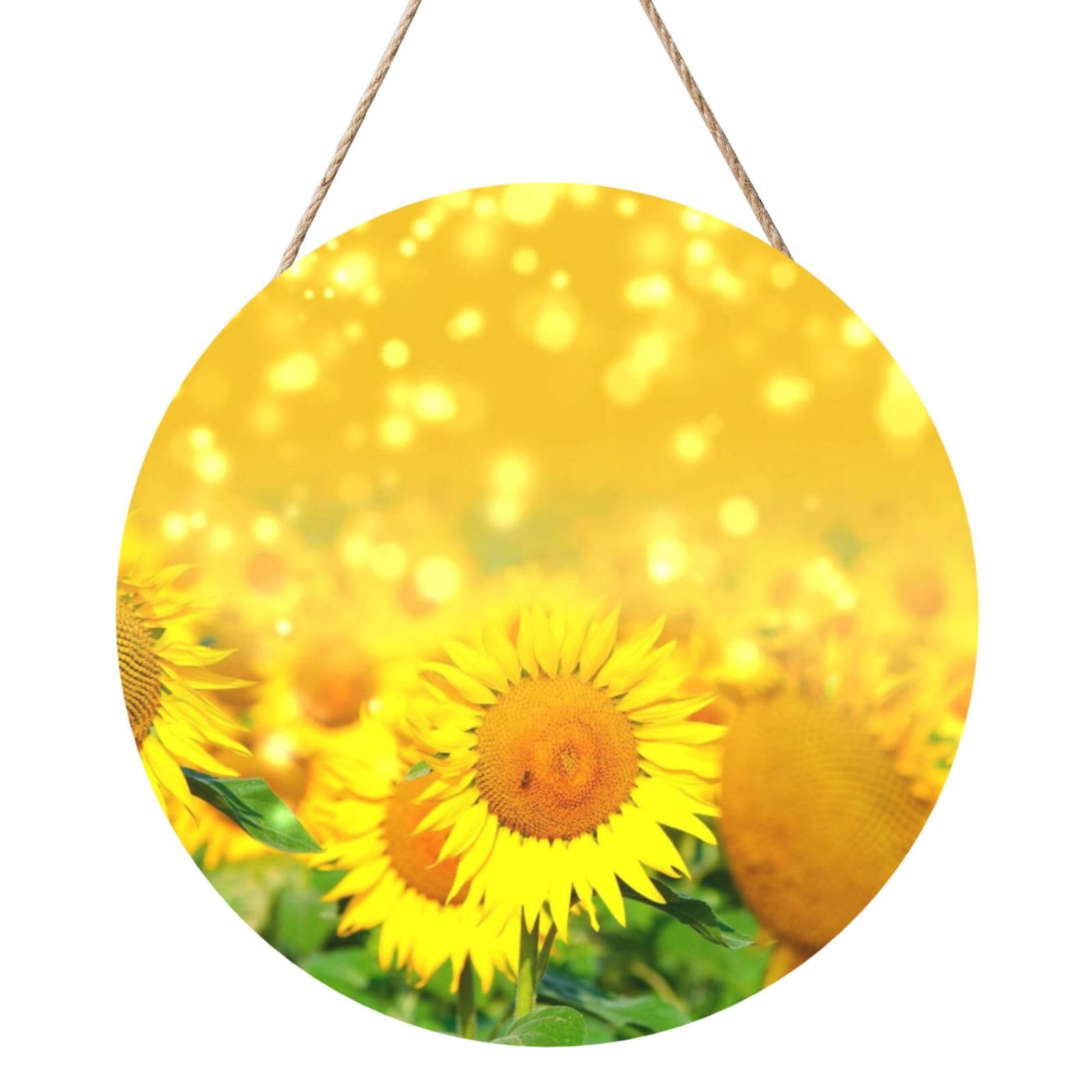 InOmak Sunflower Field Print, Round Wood Panel Painting 12 in, Wall Hanging Painting For Home