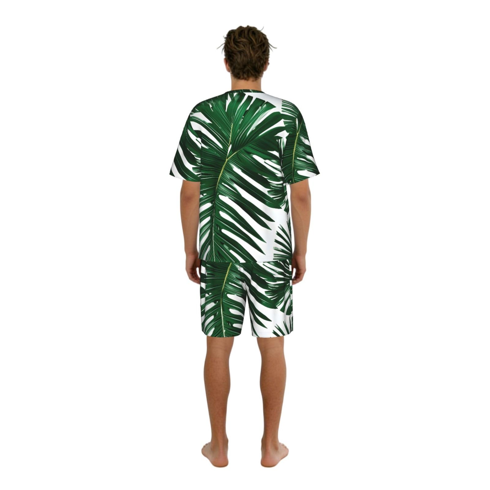 Conjunto de pijama clásico con estampado de hojas de palma verde para hombre, pantalones cortos de pijama suaves para hombre, perfecto para las noches de verano