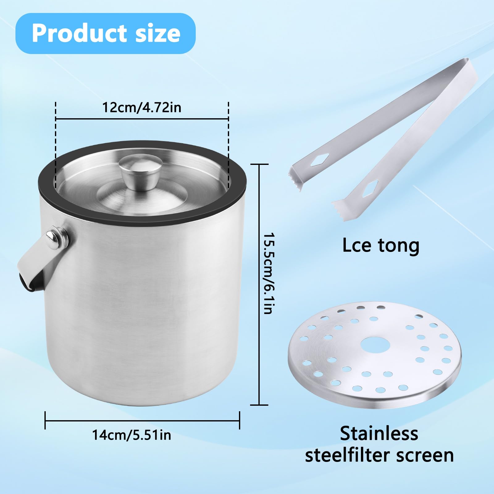 1.6L Cubitera Acero Inoxidable, Cubiteras para Hielo Grande con Diseño de Doble Pared, Cubitera con Tapa, Clips y Filtros Enfriadora de Botellas, para Bar de Cócteles, Fiestas, Champán