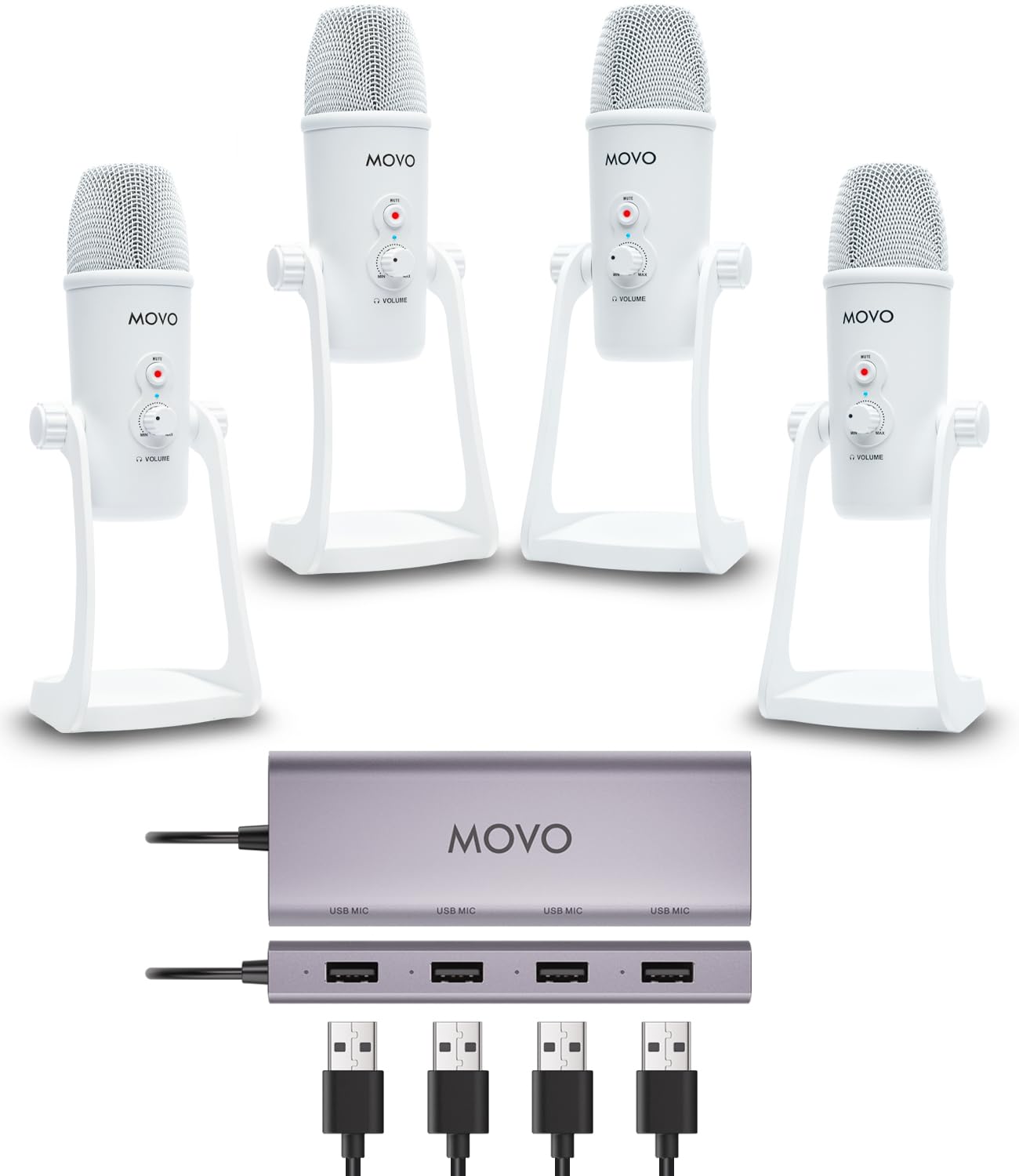 - Movo USB Podcast Equipment Bundle for 4 – USB Interface with 4 UM700 Condenser Microphones – 4-Port Powered Hub for Streaming, Podcasting, Interviews (White)