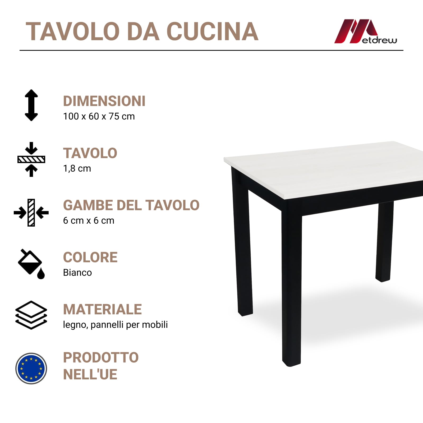 Tavolo da Pranzo in Legno 100x60 cm per 2 Persone - Tavolo Cucina Piccolo Stile Scandinavo - Pino - Piano