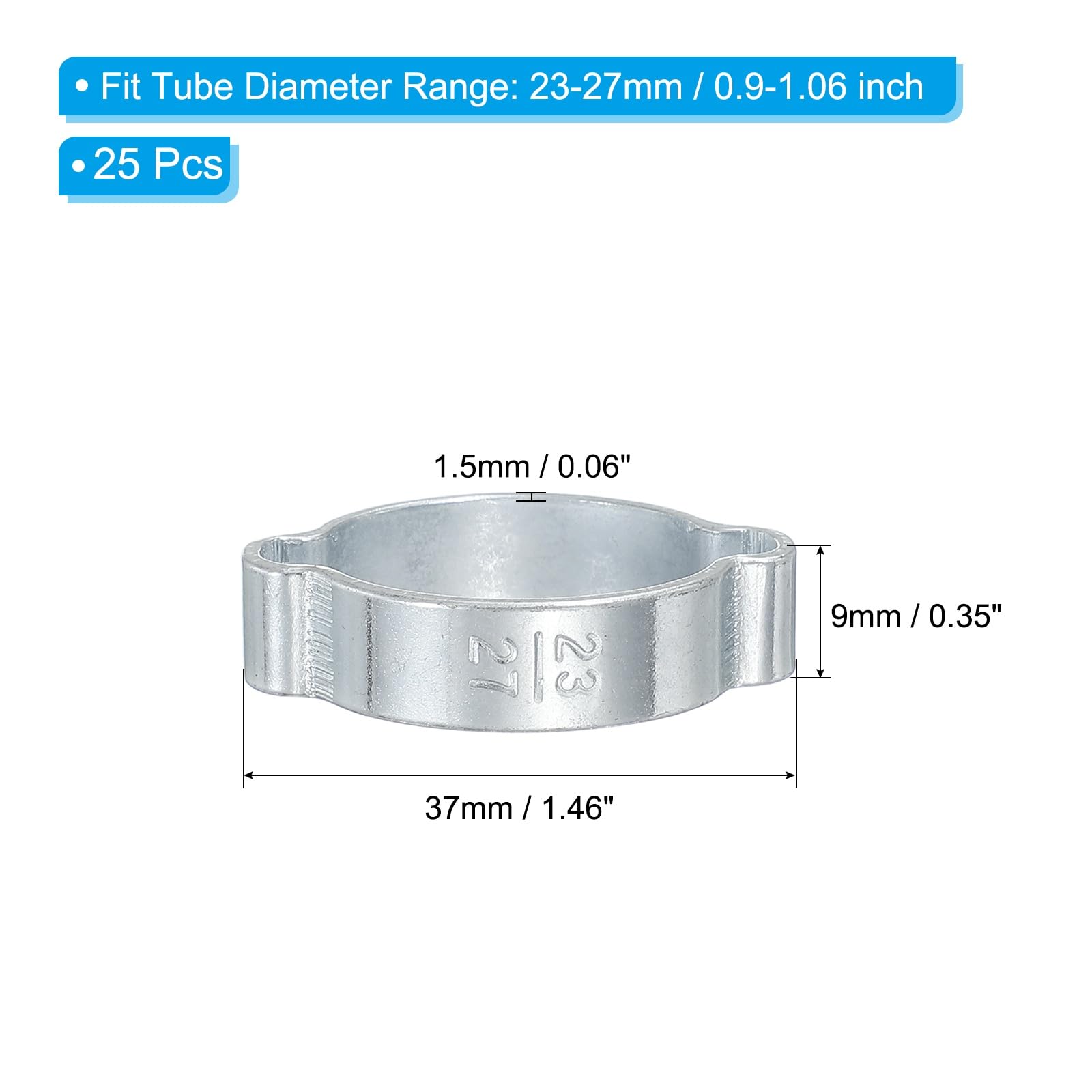 PATIKIL 25 Pack 23-27mm Double Ear Hose Clamp, Galvanized Steel O Clip Crimp Rings for Fuel Petrol Pipe Tube Fitting Connections, Silver Tone - Image 2