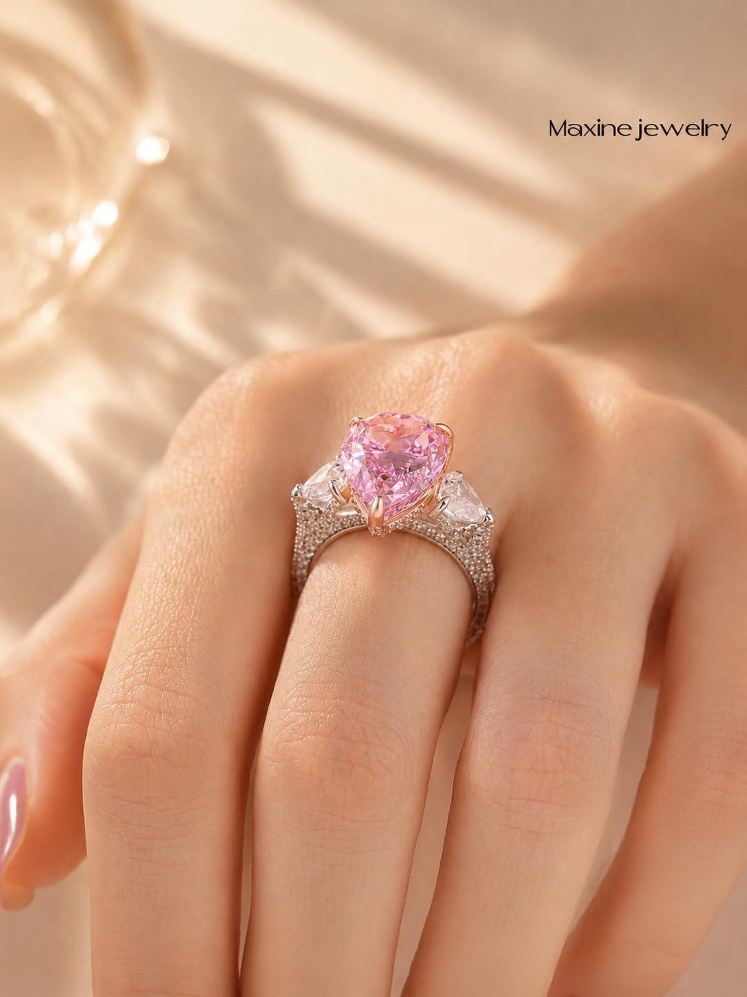Maxinejewelry 8CT Pear Cut Pink/Clear 5A CZ Engagement Ring for Women, 18K White Gold Plated Three-Stone Promise Ring