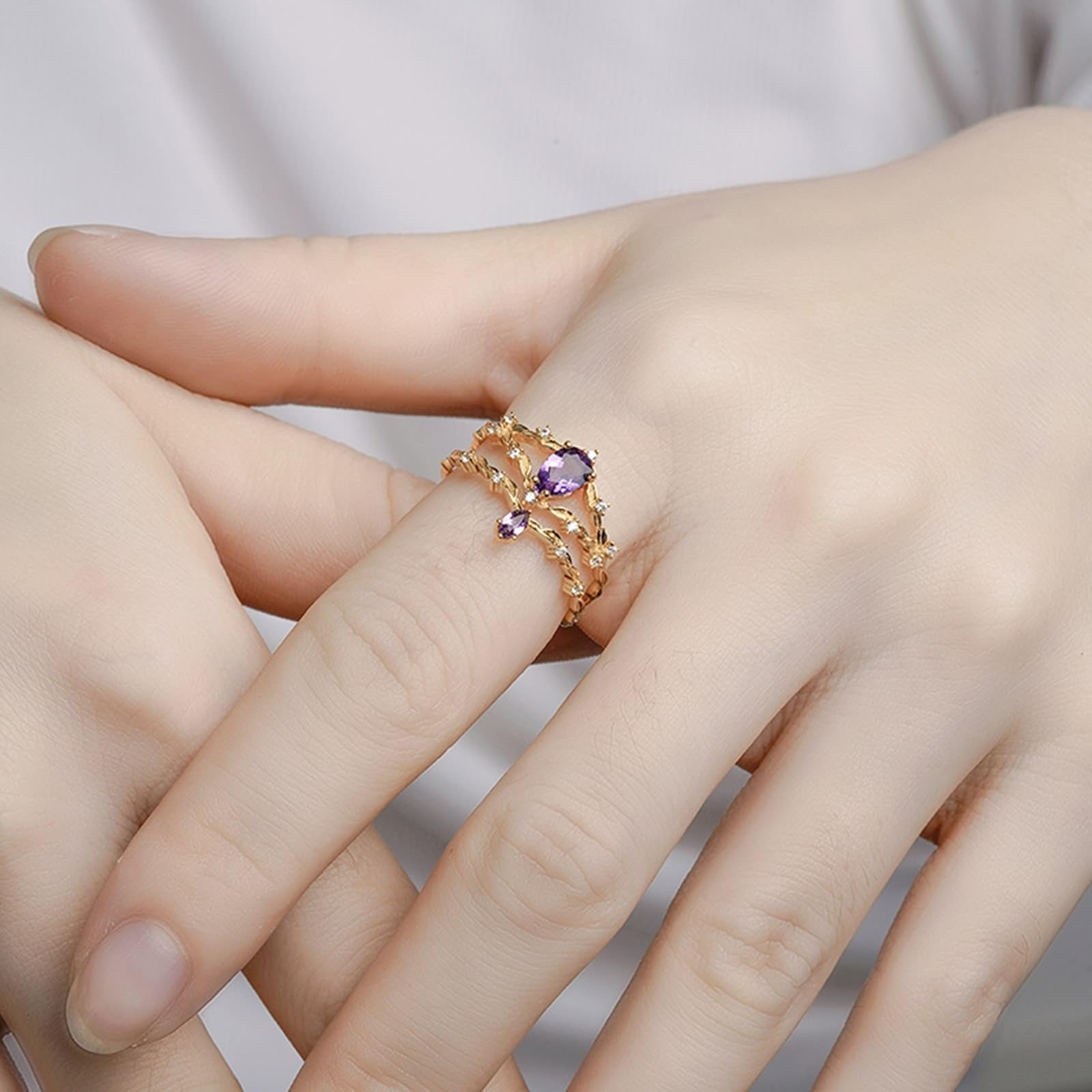 Gold 9K/14K/18K Echt Gold SchmuckSolitärring mit Tropfen Lila Amethyst, 2Pcs Set Klassiker Eheringe Au 375/585/750 Gelbgold Moissanit Gr.47-65