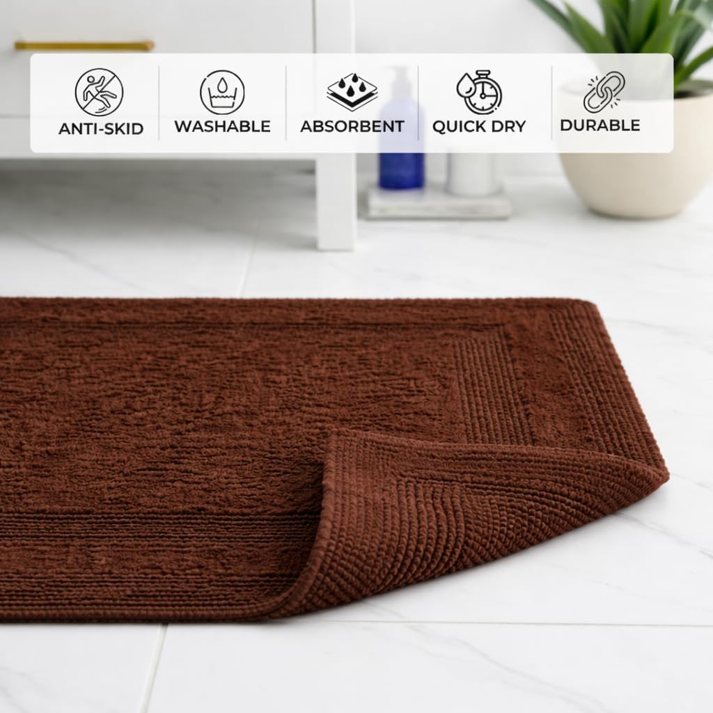 100% Cotton Bath Mat, Soft Plush Reversible Bathroom Rug, Absorbent Quick Dry Anti-Skid Machine Washable 20x32 Inch Bath Mats for Bathroom, Bath Mats for Shower (Brown)