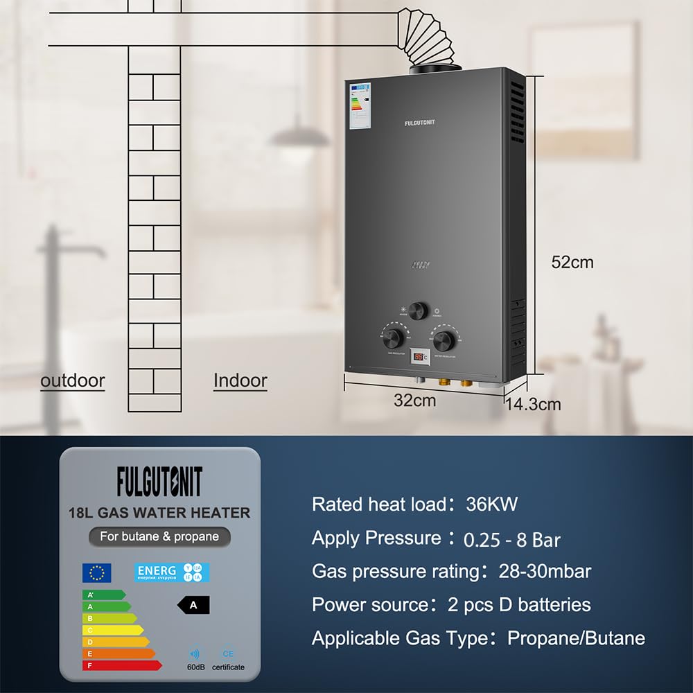 Fulgutonit 18L Calentador de Agua a Gas,36 kW Calentador de Agua Butano y Propano con Ducha y Pantalla Digital,Presión de Agua de Arranque 0.25 Bar,para Pisos,Chalets, Caravanas