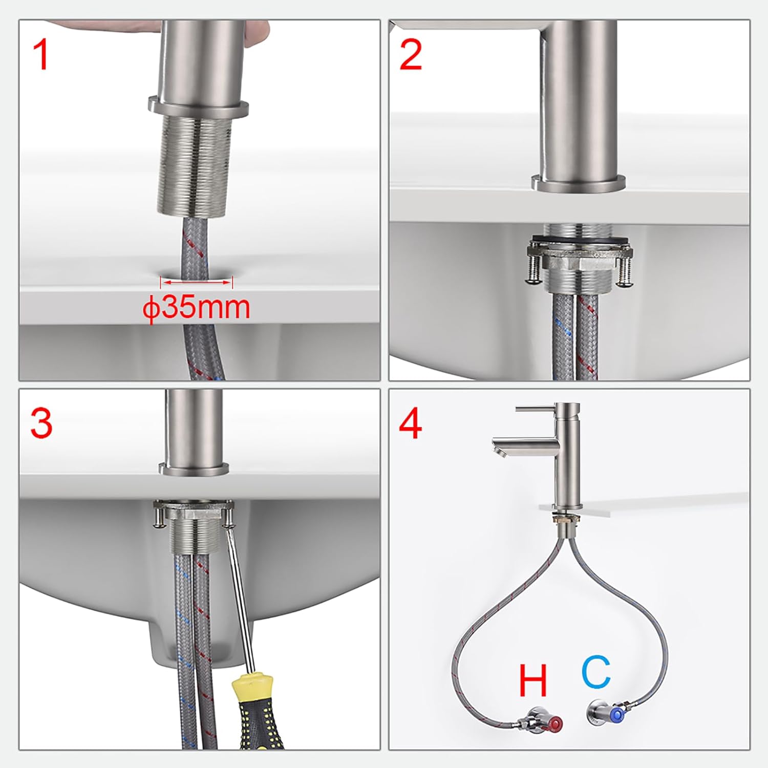 Four-step installation guide for Ibergrif M11103 Mundo Basin Tap