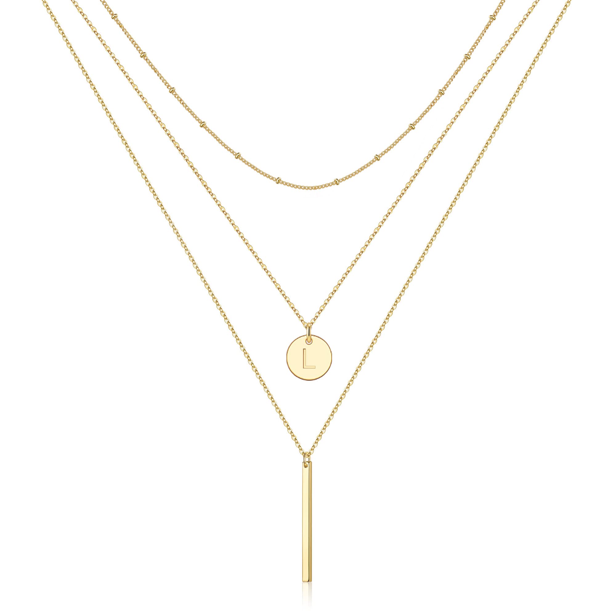 Vjoypro Valentines Gifts for Her - Initial Layered Necklaces for Women, 14K-Gold-Plated Coin Letter Necklace Bar Stacking Layer Necklace Multi Bar Layering Y-Necklaces Jewelry for Women