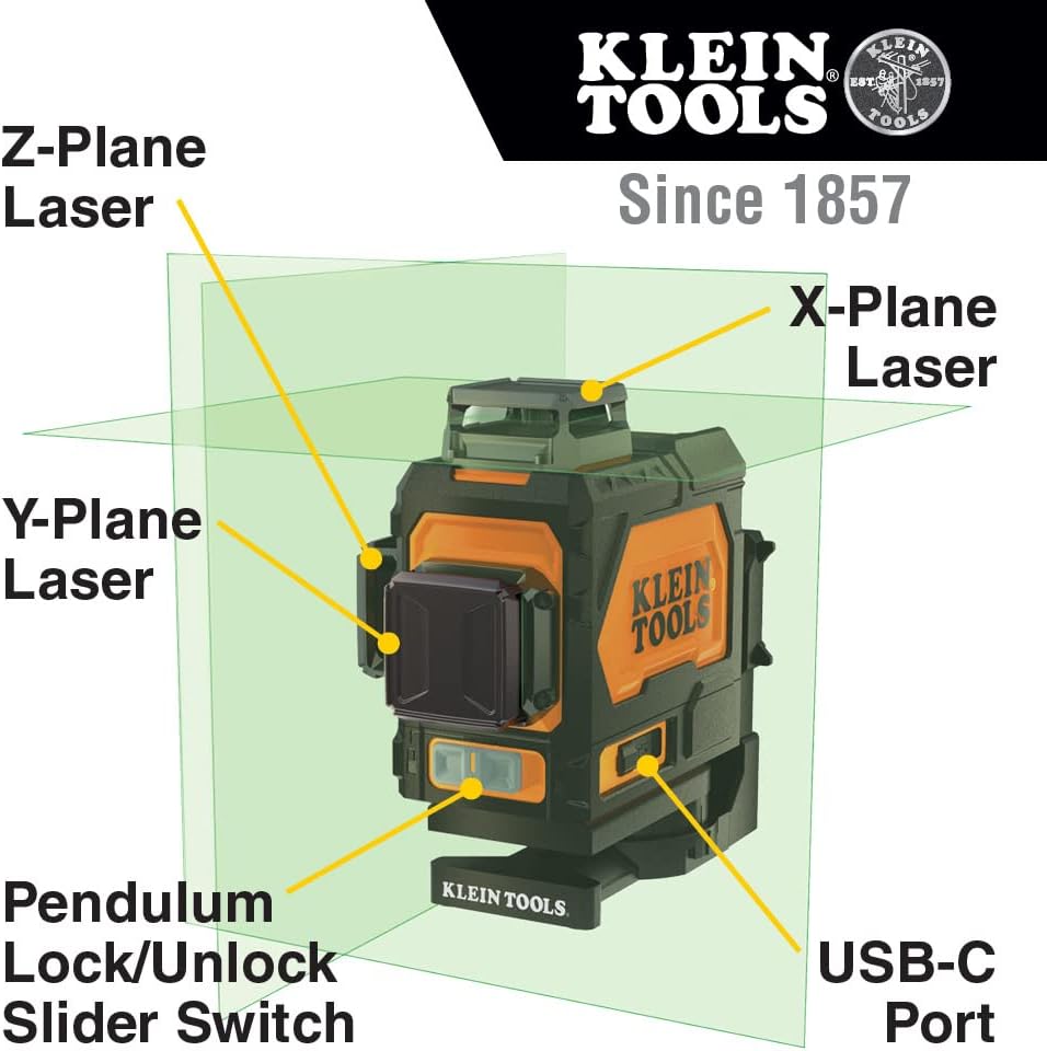 Klein Tools 80184 Laser Level 360-Degree Self-Leveling with Tripod Stand, Green Laser Level, Class 2 Laser, ≤1mW Each Beam, and Compact Tripod Kit with Mount, 2-Piece