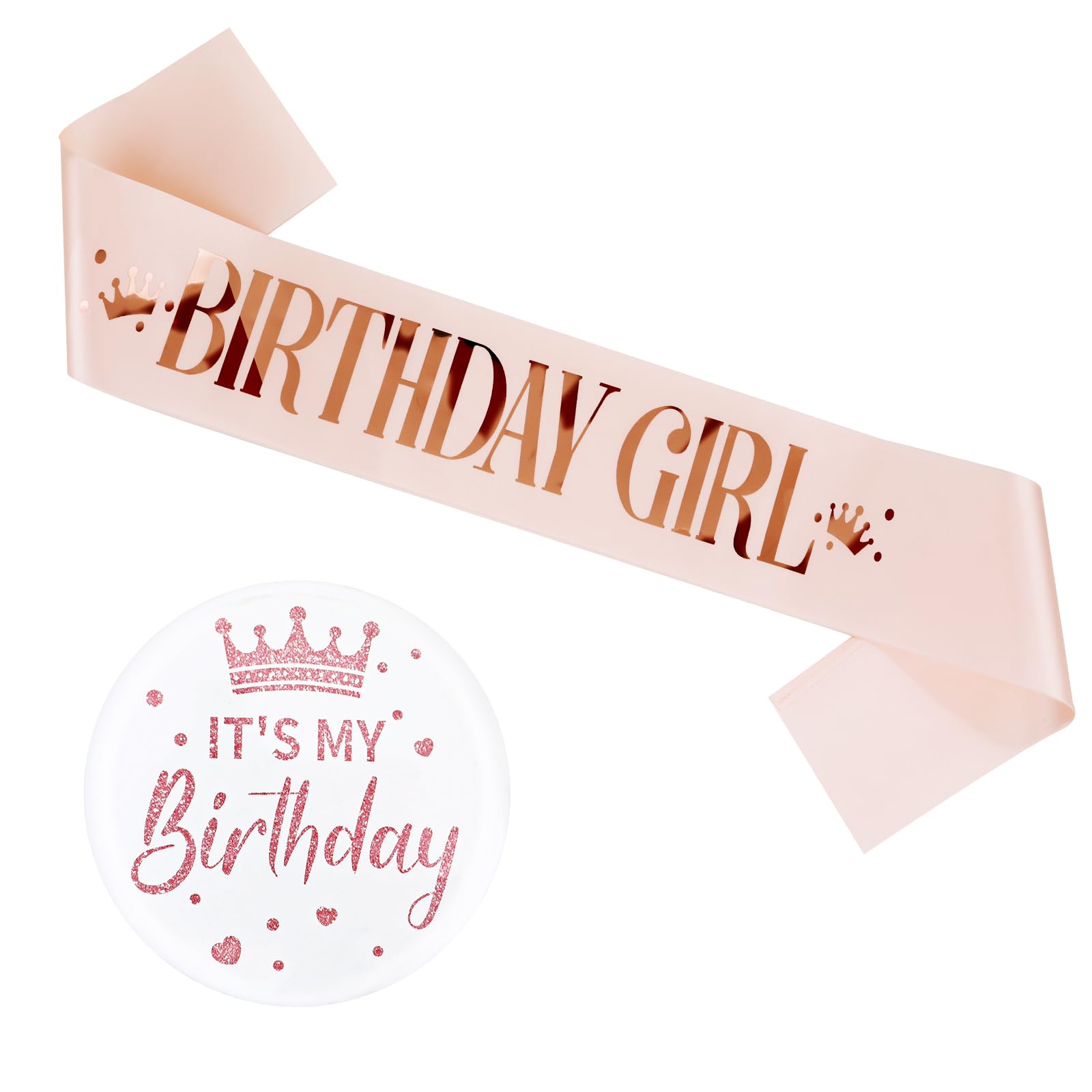 Muiltvoe Birthday Girl Sash & Pin Badge Set, Rose Gold Birthday Girl Sash Satin Sashes Party Funny Decorations Women Gift