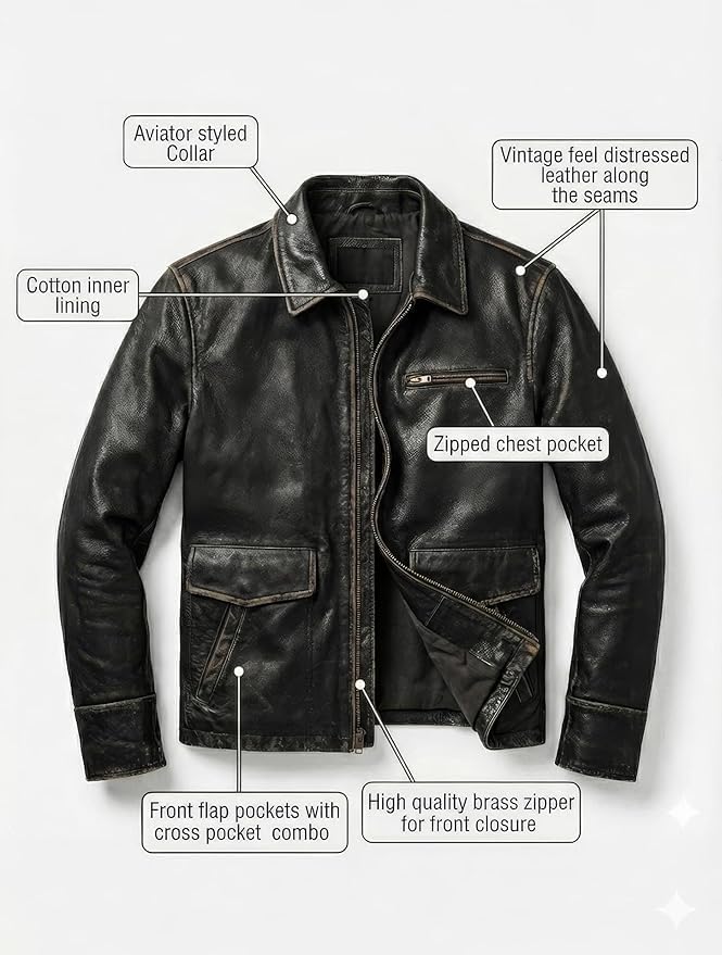 Image of Mens Leather Jacket Black | Real Leather Biker Jacket With Distressed Exterior | Motorcycle Clothing
