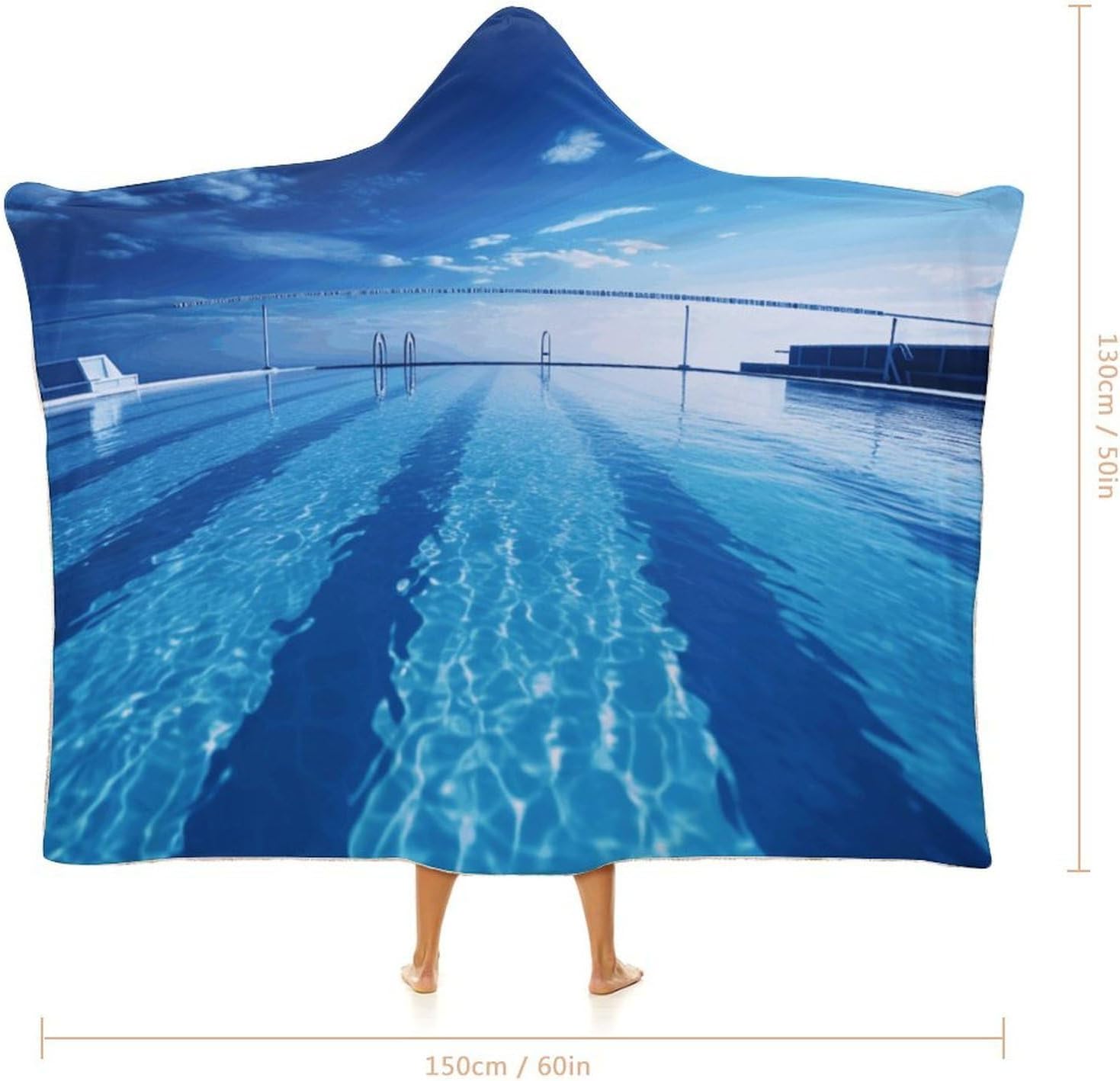 Blue Swimming Pool Wearable Hooded Blanket, Ultra Soft Arctic Velvet Cape Cloak Unisex - Cozy Wearable Blanket