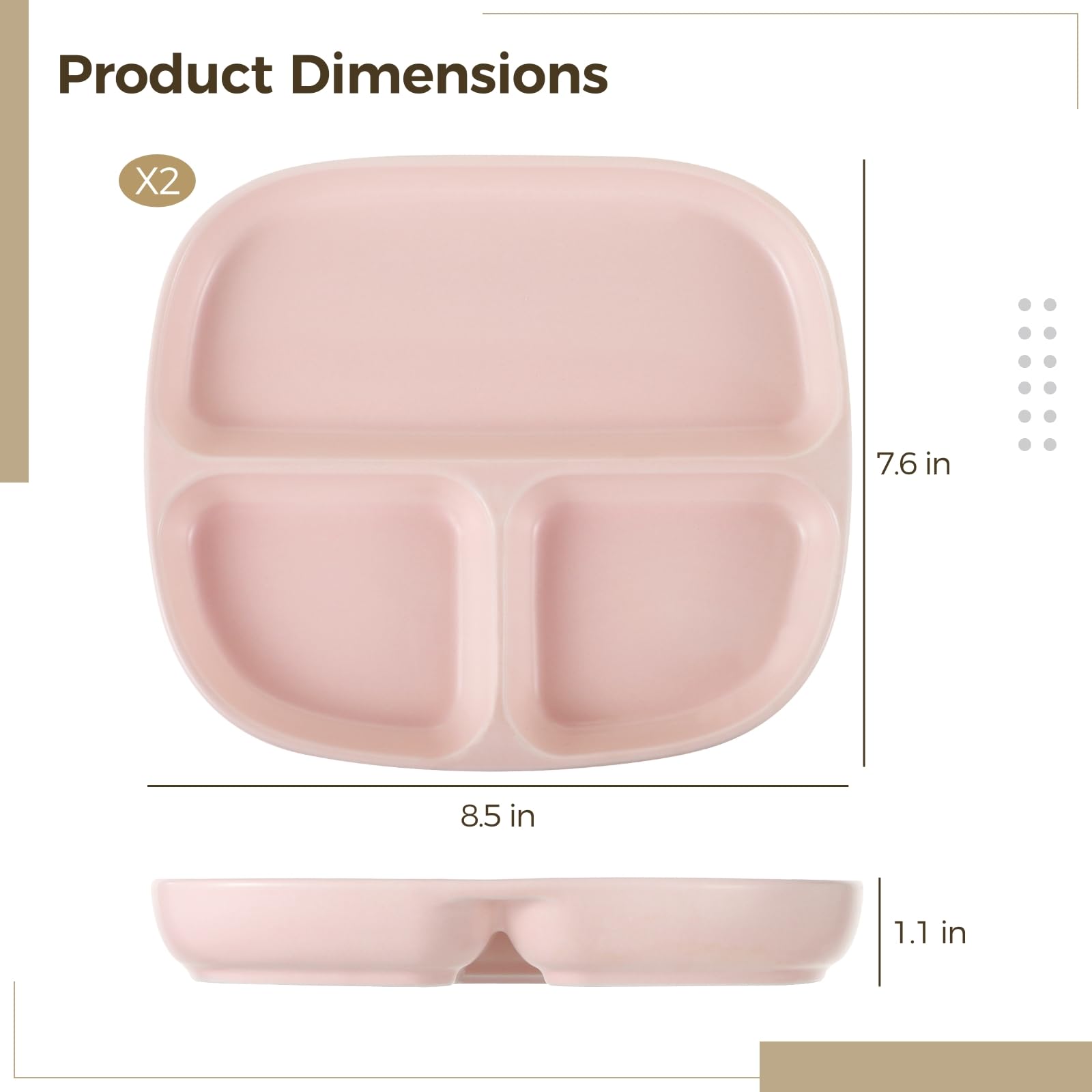 Lot de 2 assiettes de contrôle des portions en céramique de 21,6 cm pour adultes, assiettes carrées en porcelaine pour repas équilibrés, rose