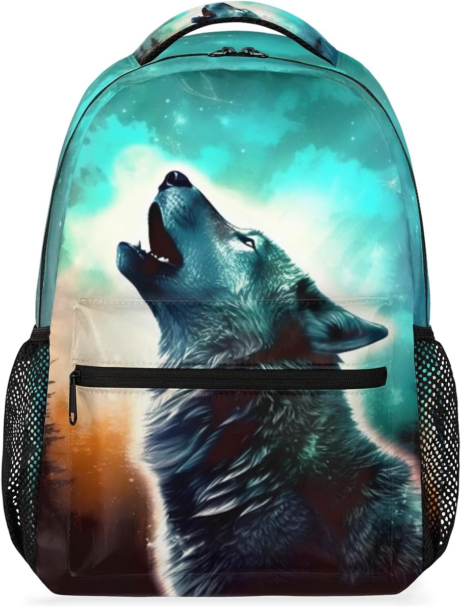 School Backpack for Teens Boys, Animal Wolf Starry Sky Print Middle School Students Bookbag 16in,Casual Sports Gym Travel Bag Schoolbag Hiking Camping Daypack