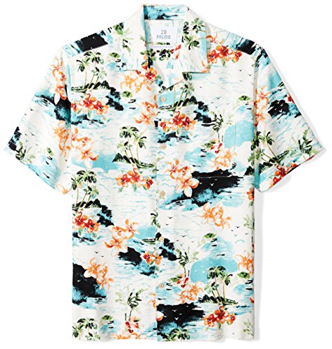 28 Palms Men's Relaxed-Fit 100% Silk Tropical Hawaiian Shirt, White Tropical Scenic, X-Large