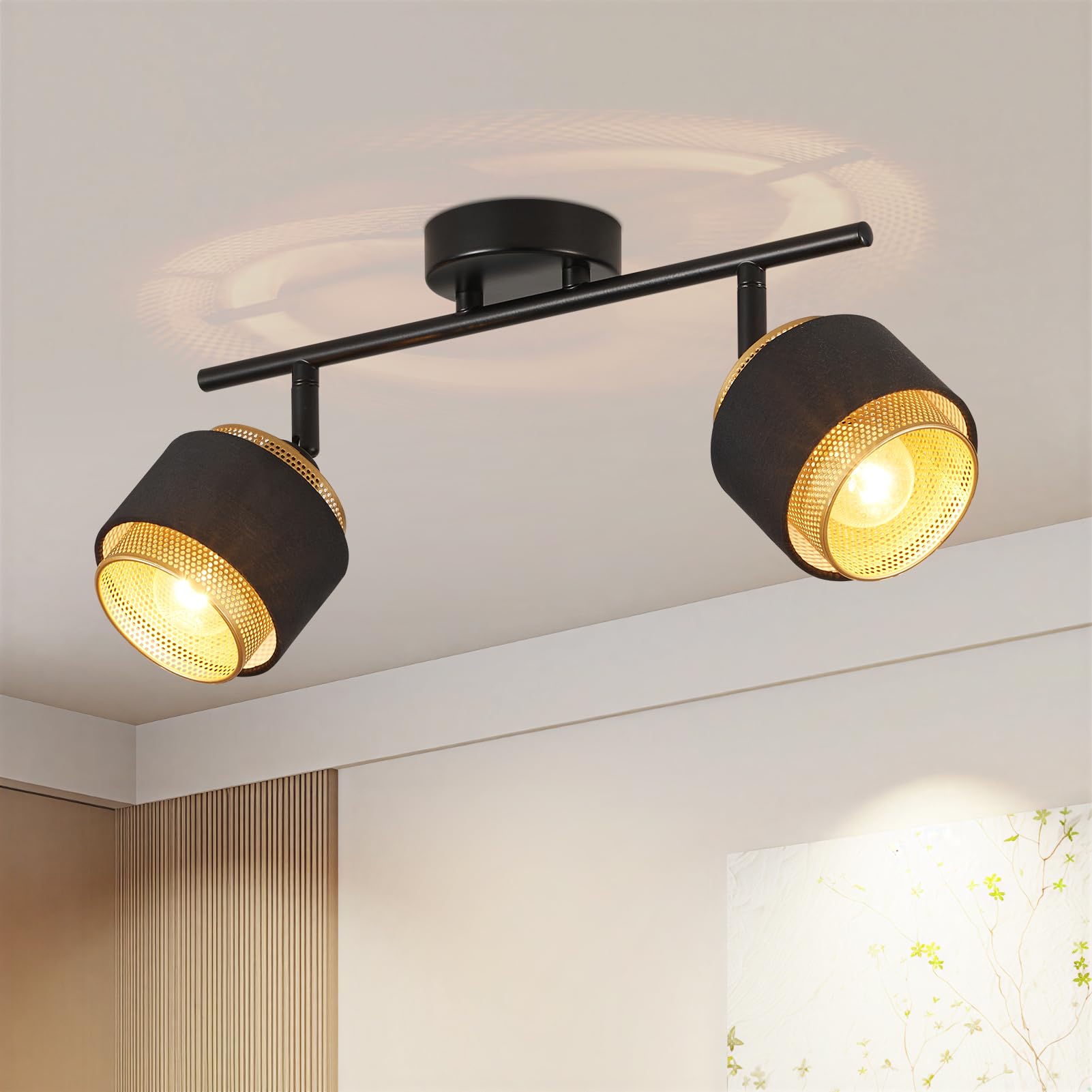 HARPER LIVING 2 Way Ceiling Spotlights, Black & Gold Spot Light Fittings, 2xE14 40W Max, 90°+350° Rotation Heads, Metal Mesh & Fabric Shade Track Lighting Ceiling for Kitchen Living Room Bedroom