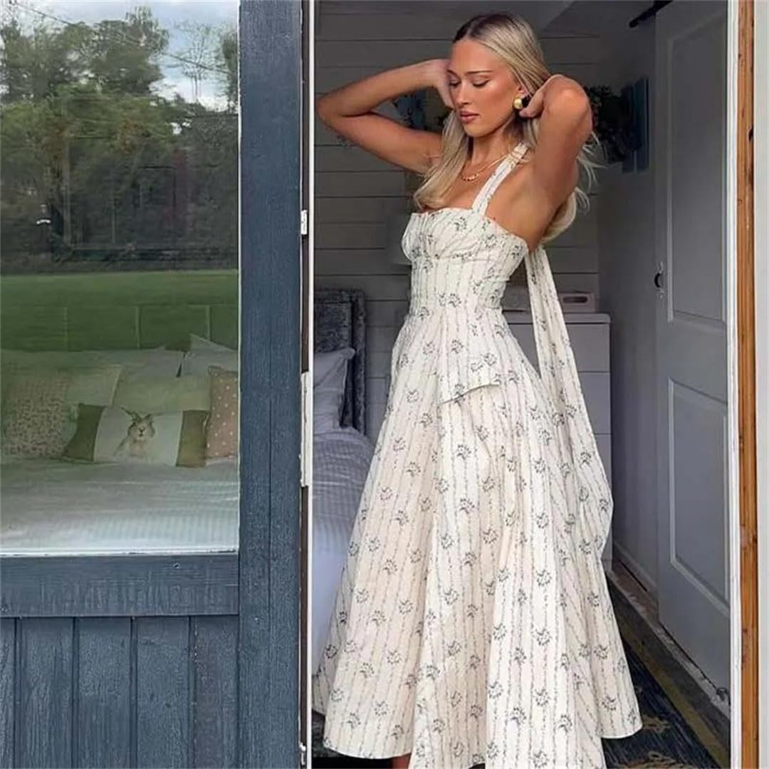 Vestido largo midi de algodón con estampado floral sin espalda para mujer