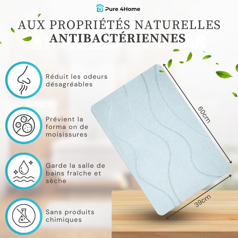 Tapis de Bain Diatomite Antidérapant 60 x 39 cm Pierre Naturelle Salle de Bain Diatomite Stone Bath Mat Waves Gray