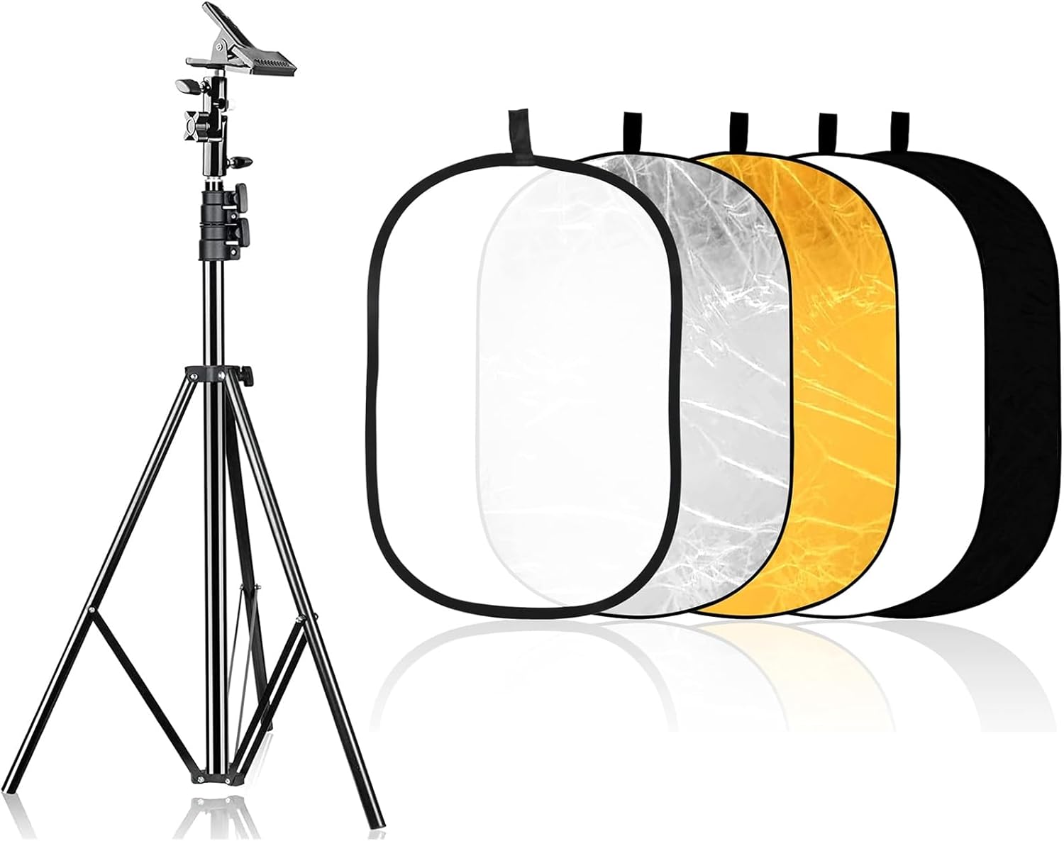 Emart Photography Studio 60cm x 90cm/24'' x 36'' Oval 5-in-1 Portable Multi Collapsible Disc Lighting Reflector with Reflector Clamp Holder and 8.5 ft Stand Kit - Translucent, Silver, Gold, White and