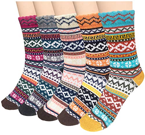 5 Pairs Womens Cold Weather Soft Warm Thick Knit Crew Casual Winter Wool Socks,Multicolor 01,One Size