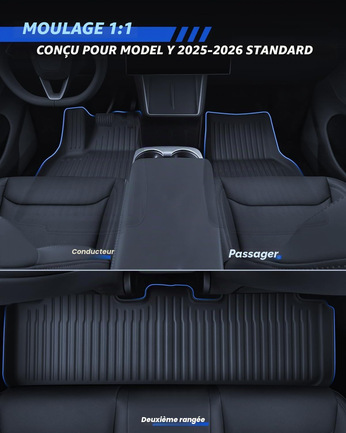 Lot de 9 tapis de sol pour Tesla Model Y 2025-2026 standard RWD TPE toutes saisons 3D bord haut antidérapant imperméable tapis de coffre et deuxième rangée de sièges housse arrière pour modèle Y