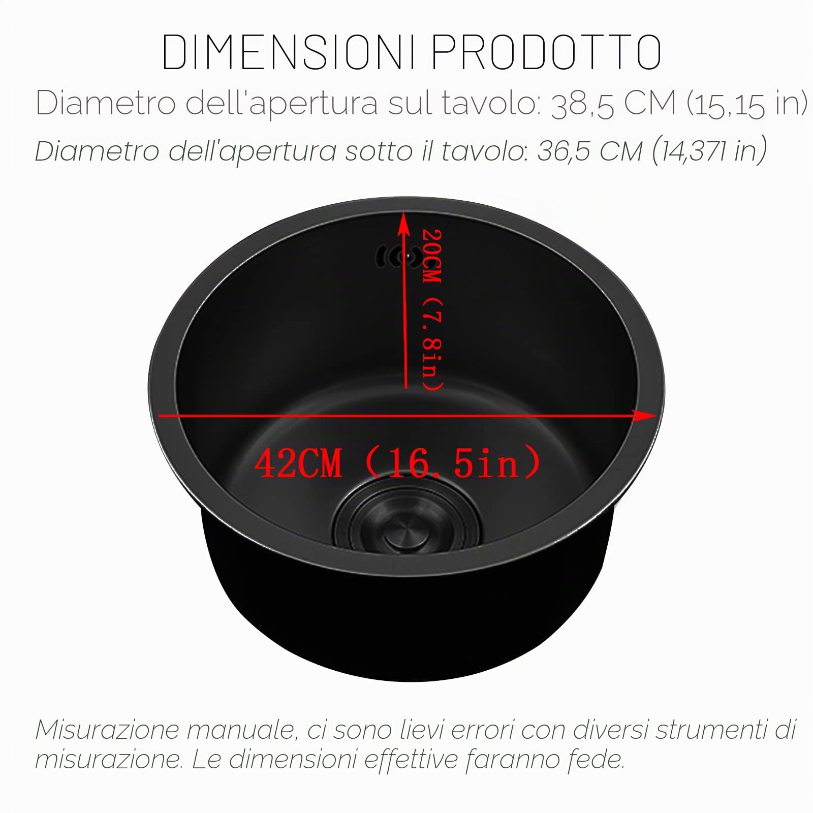Lavandino Rotondo Nero per Ristrutturazione Cucina e Bagno (42cm, Nero)