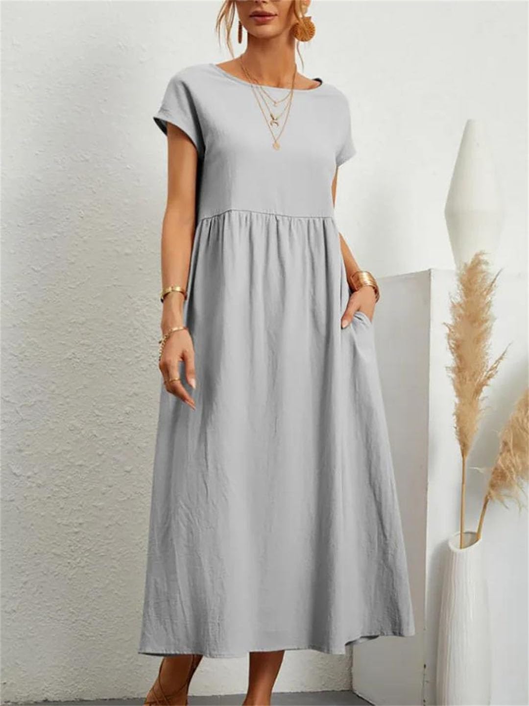 Damska sukienka midi w stylu vintage, z krótkim rękawem, bawełna i len, Harajuku, oversize, długa sukienka