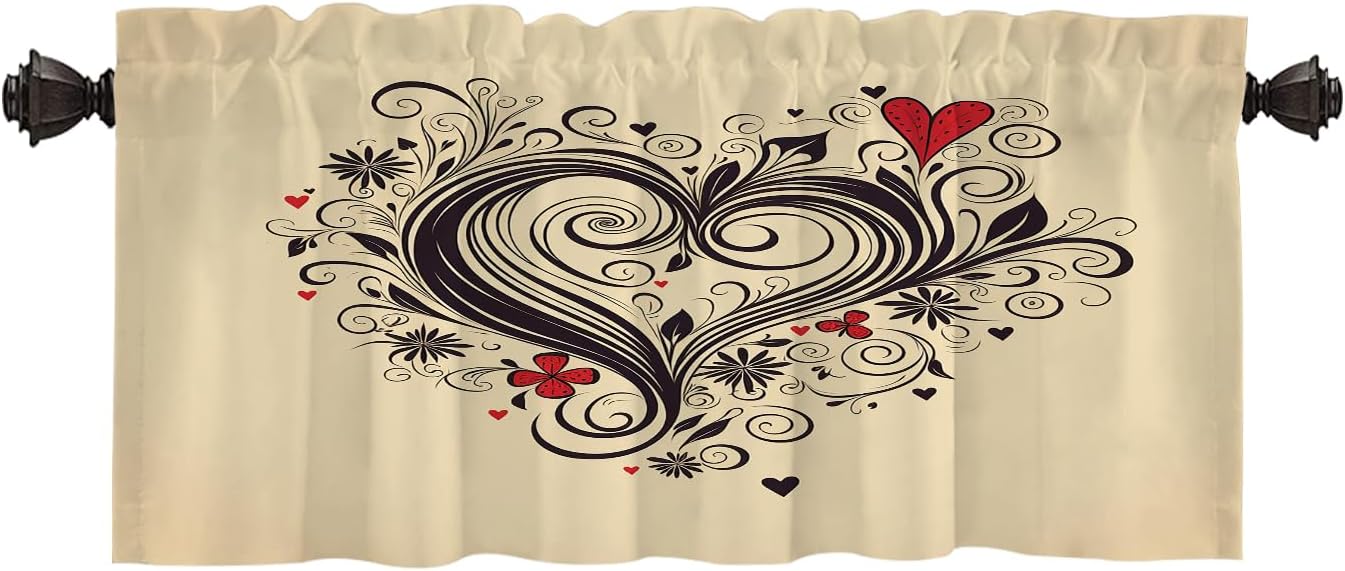 Batmerry Heart Shape with Swirls Valance Curtains, Black and Red Window Treatment Kitchen Valances Multilayer Polyester Blackout for Living Room/Bathroom, 2 Pack 52x18 inches