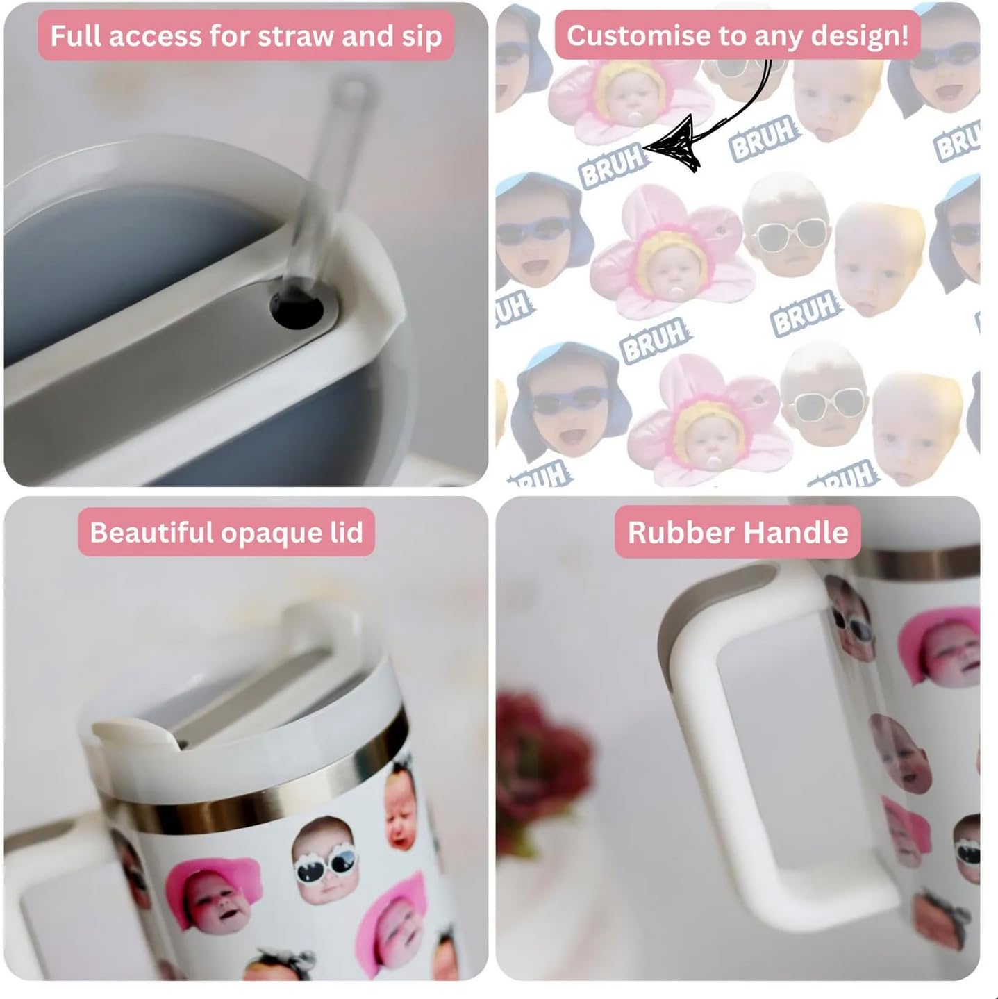 40 oz Custom Face Tumbler with Straw and Handle – Personalized Stainless Steel Travel Mug with Photo – Insulated Gift Cup for Mom, Dad, Friends - Image 3