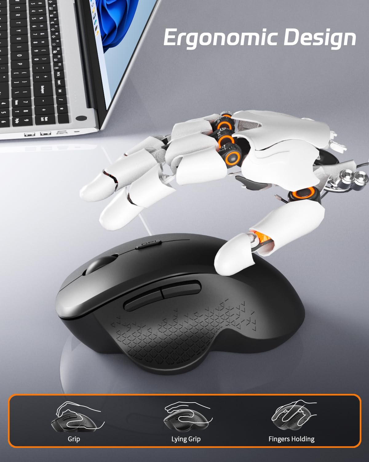 Uiosmuph G09 Ratón Inalámbrico Bluetooth, Bluetooth 5.1+2.4G Recargable Wireless Mouse, Silencioso Ergonómico Ratón con 3 Niveles de Adjustables 1600 dpi para Portátil, MacBook, PC, Windows (Negro) — view 6