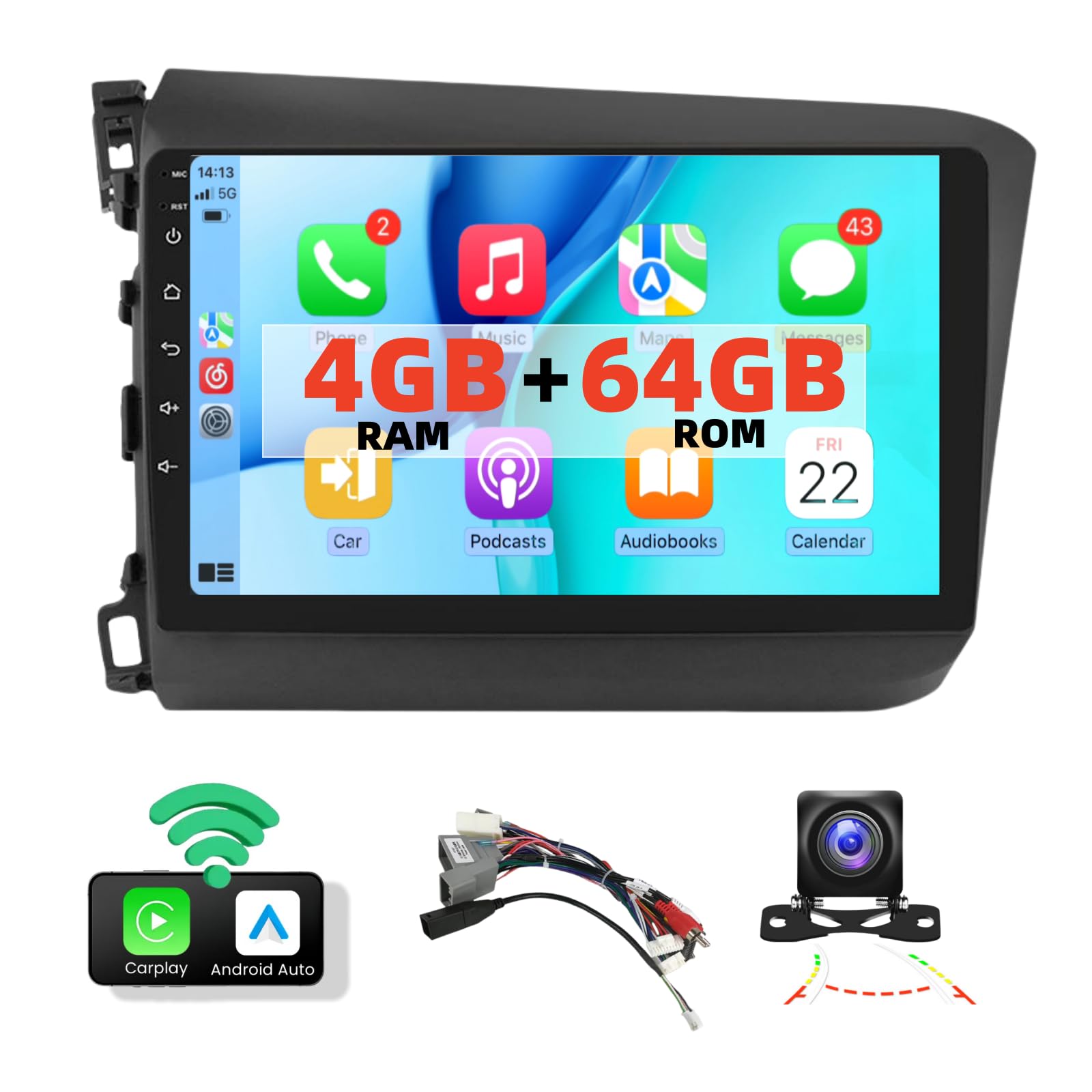 【4+64GB】 9 inch Touchscreen Car Radio for Honda Civic with Wireless Carplay Android Auto, Android 13 Car Stereo Support GPS Navi WiFi BT USB FM EQ Rear Camera for Honda Civic 2012 2013 2014 2015