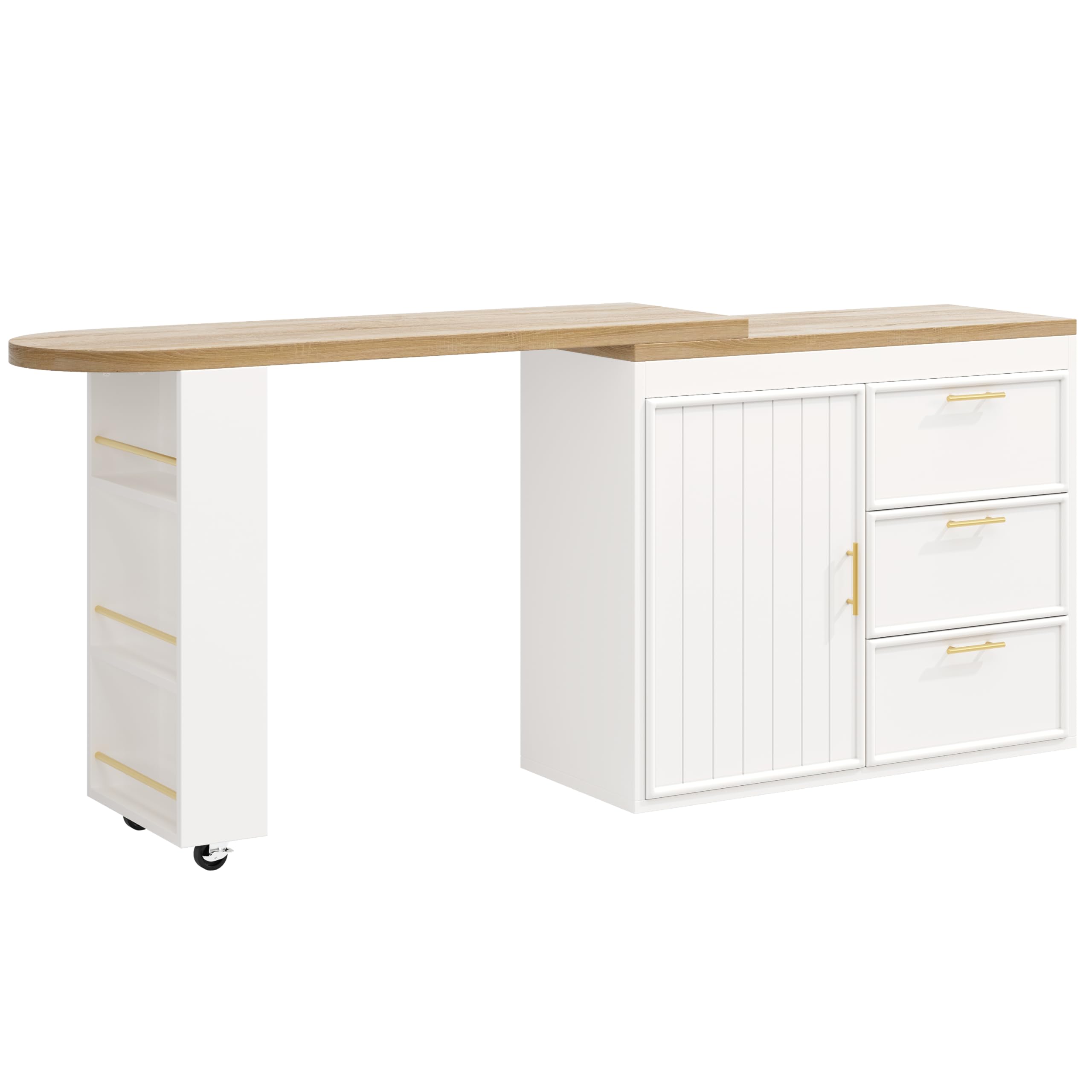 Mesa de Bar Extensible Gira 360° con 2 Ruedas y 3 Cajones, Barra Cocina Isla Cocina con 1 Puerta y Estante Ajustable, Compartimento Lateral y Dispositivo Antivuelco, 128-203x39x90 cm, Blanco
