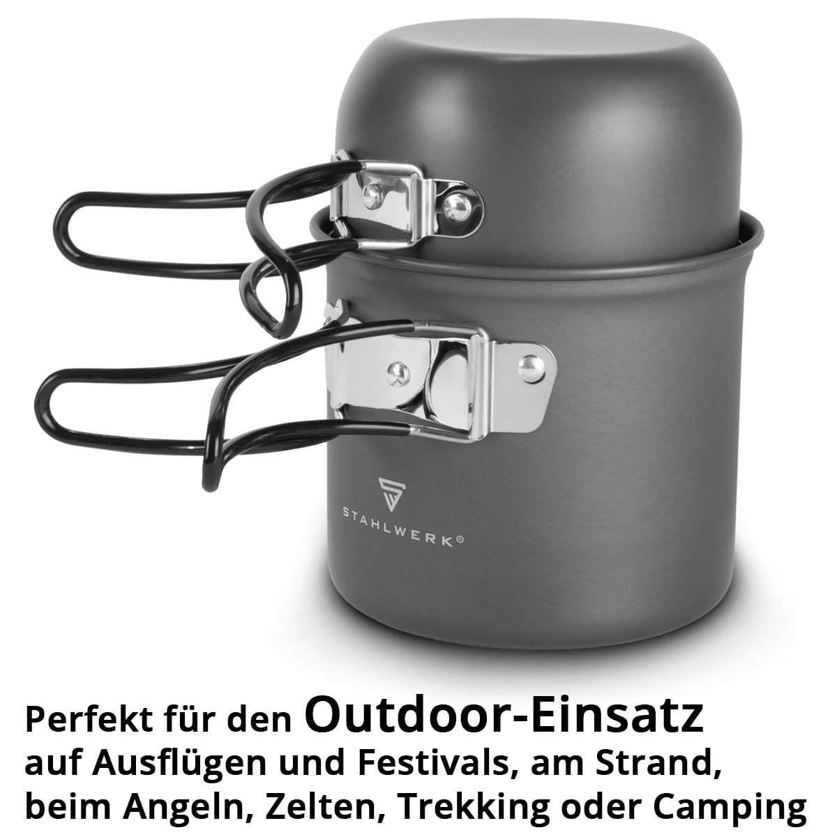 STAHLWERK Camping-Kochgeschirr-Set | Aluminium-Campinggeschirr Komplett-Set mit Topf, Pfanne, Gaskocher, Plastikschalen und Besteck | hochwertiges Outdoor-Koch-Set