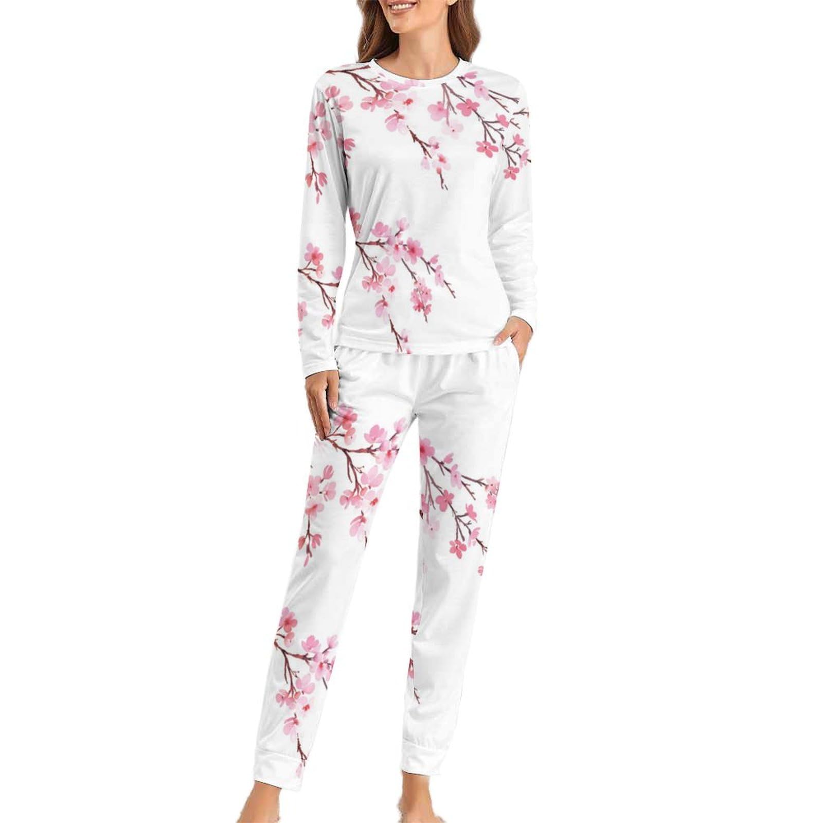 Cmagnifico Women's Cherry Blossoms Woman's Crew Neck Pyjamas Set, Pyjamas For Pajamas With Pockets