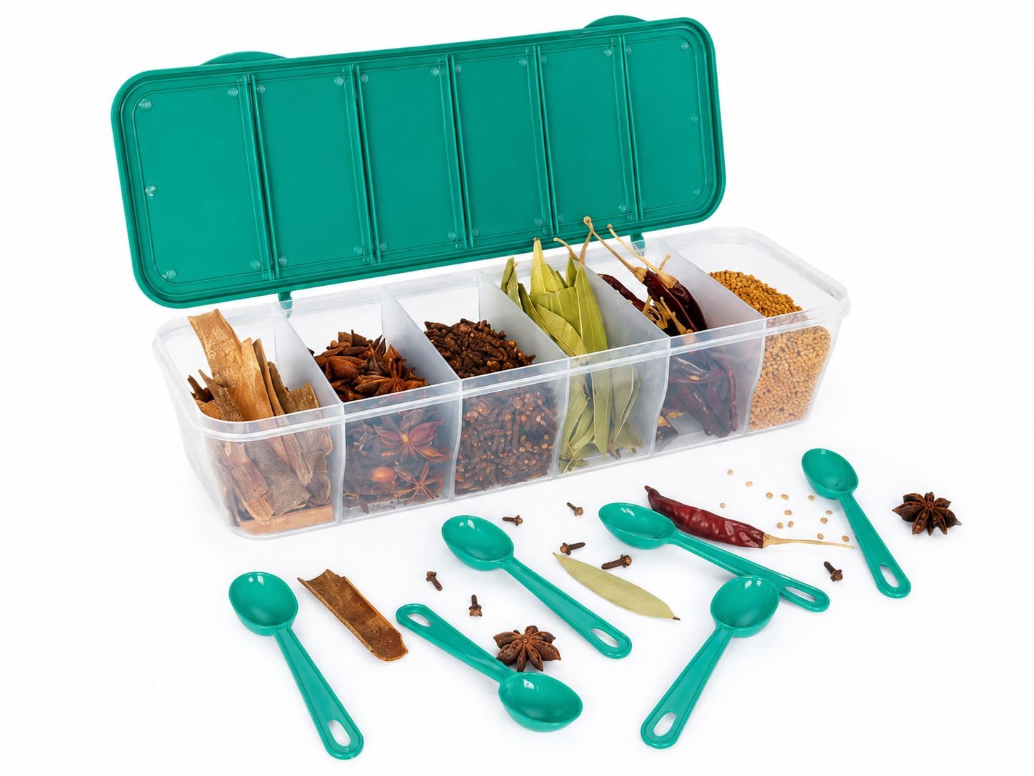 Premium Plastic Spice Storage Box with 6 Compartments and Spoons, Airtight Masala Dabba Organizer for Kitchen, Leak-Proof Transparent Spice Dispenser Container for Countertop and Cabinet ( 1 Piece)-image-41