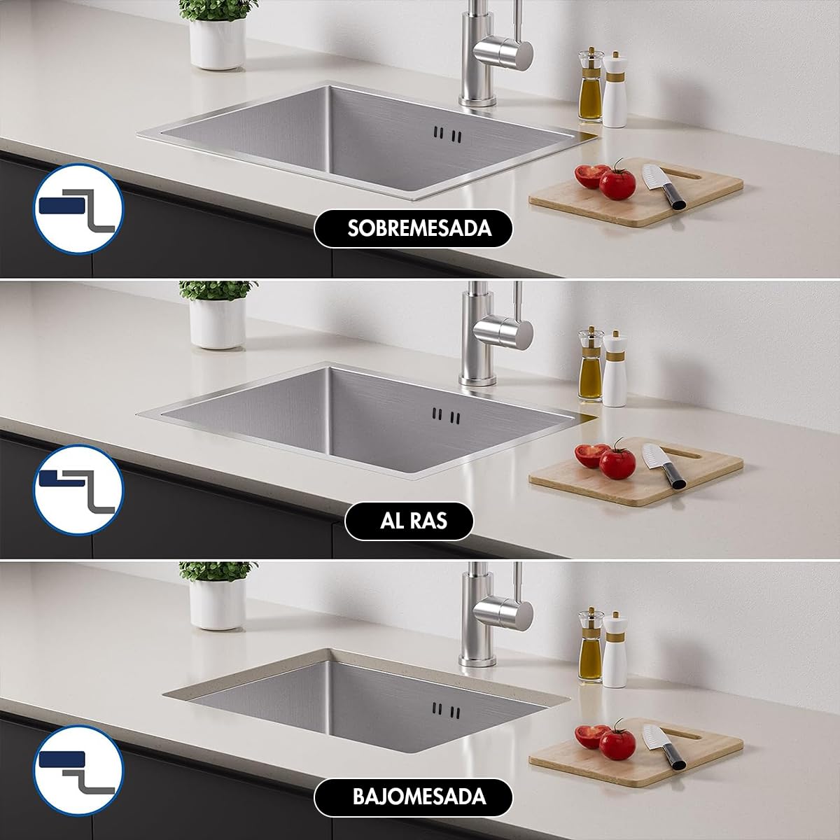 Fregadero de Cocina Erik Bajo Mesada (Acero Inoxidable) 68 x 45 CM. Incluye desague y clic clac de laton. INGUZ.